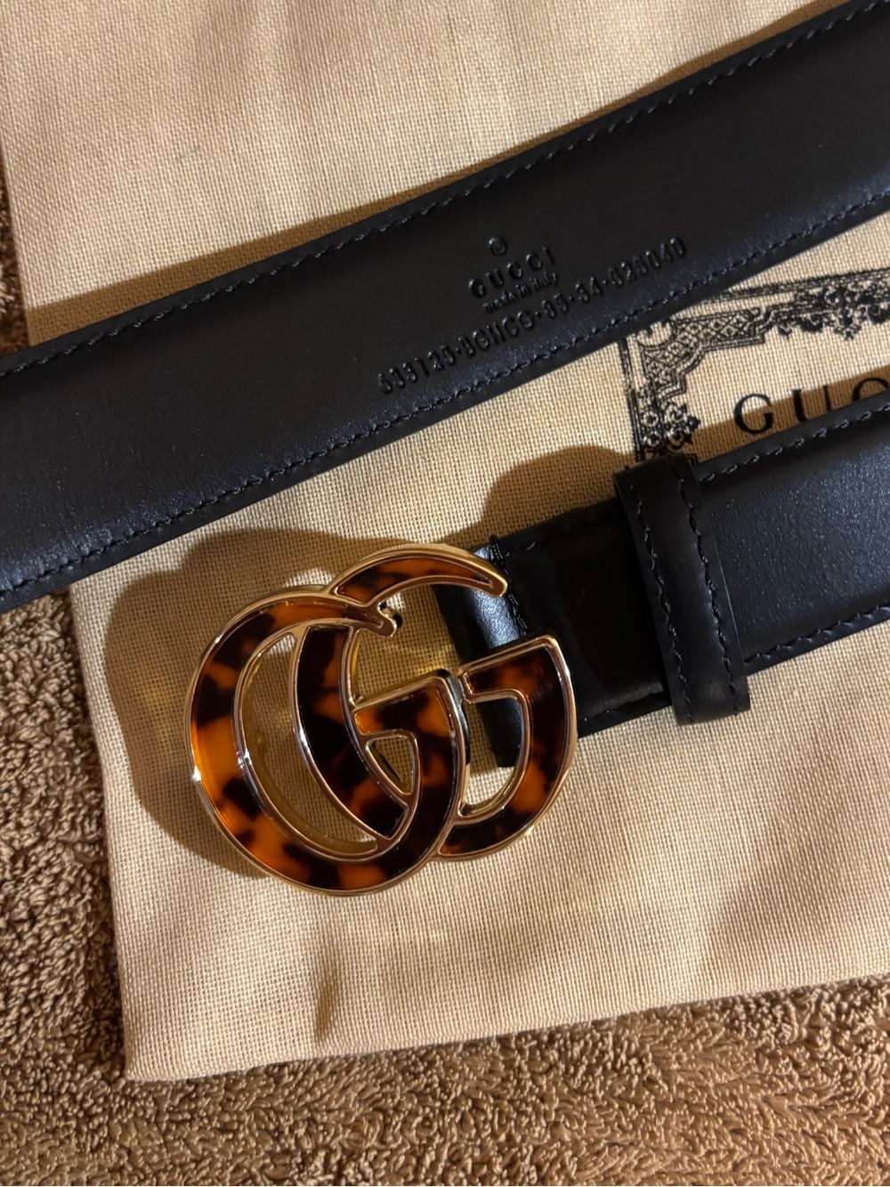 Gucci Black Leather Belt with Tortoiseshell Double G Buckle